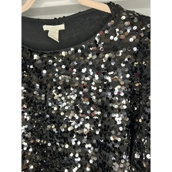 HM Black Sequin Short Sleeve Top Womens Large Boxy Scoop Neck Party Blouse - Picture 2 of 7
